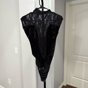 Black Lace Bodysuit Velvet High Neck Goth Grunge Size Medium
